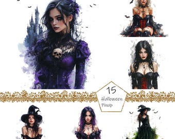 Imágenes prediseñadas de chicas góticas pin-up en acuarela, 15 imágenes prediseñadas de Halloween PNG, paquete de imágenes prediseñadas de chicas góticas PNG, imágenes prediseñadas de chicas pin-up en acuarela de Halloween PNG