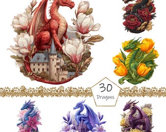 May include: A collection of digital illustrations featuring dragons. The dragons are depicted in various colors, including red, black, green, blue, and purple, and are surrounded by flowers. The text "30 Dragons" is also present.