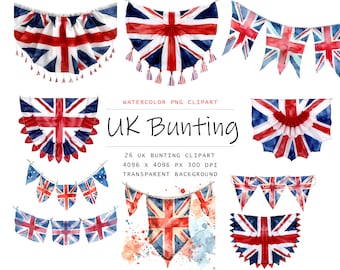Watercolor UK Bunting Clipart, 26 PNG union jack Bunting clip art, Commercial Use, UK Clipart png Bundle, uk clipart, patriotic clipart
