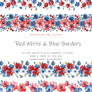 Aquarell Blau Rot Blume Border Clipart, 28 PNG Rot, weiß und Blau Clip Art, Vaterländische Blumen Clipart Png Bundle, digitaler Download