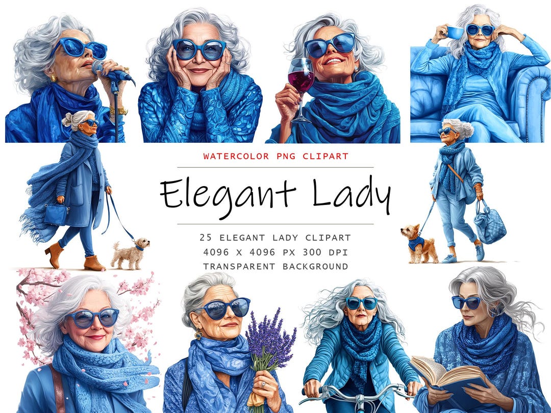 Watercolor Elegant Lady in Blue Clipart, 25 PNG Elderly Lady Clipart ...