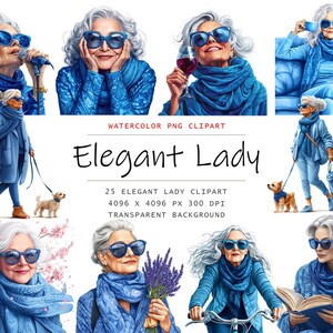 Watercolor Elegant Lady in Blue Clipart, 25 PNG Elderly Lady clipart, Commercial Use, Grandma Clipart png Bundle, Old Lady clipart, Lady art