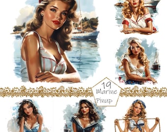 50年代のセーラーピンナップガールの透明PNGクリップアート、レトロな