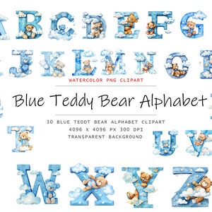 Alfabeto de oso de peluche azul, letras png, alfabeto png, descarga instantánea para uso comercial, uso comercial, Clipart de oso de peluche de acuarela