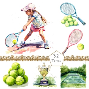 Watercolor Tennis Clipart- 32 Transparent Background PNG Commercial Use Instant Download, Tennis Transparent Tennis Lover Watercolor Clipart