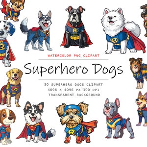 Watercolor Superhero Dogs Clipart, 30 PNG Superhero Dogs clip art, Commercial Use, Cute Dogs Clipart png Bundle, Digital Art,Dog Sublimation