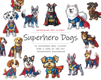 Watercolor Superhero Dogs Clipart, 30 PNG Superhero Dogs clip art, Commercial Use, Cute Dogs Clipart png Bundle, Digital Art,Dog Sublimation