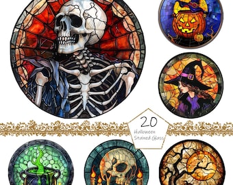 Clipart de Halloween de vidrieras, 20 imágenes PNG de Halloween, uso comercial, paquete de imágenes PNG de Halloween en acuarela, imágenes prediseñadas de vidrieras