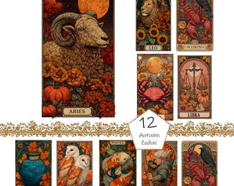 Autumn Zodiac Cards, 12 PNG Zodiac png art, Commercial Use, Zodiac png Bundle, Digital Zodiac Cards, Digital Download, Zodiac signs, Tarot