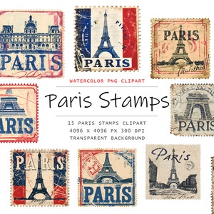 Imágenes prediseñadas de sellos vintage de París, 15 imágenes prediseñadas de París, imágenes prediseñadas de París, paquete de imágenes prediseñadas de sellos, imágenes prediseñadas de sellos postales, arte de sellos vintage
