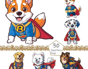 Watercolor Superhero Dogs Clipart, 30 PNG Superhero Dogs clip art, Commercial Use, Cute Dogs Clipart png Bundle, Digital Art,Dog Sublimation