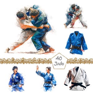 May include: A collage of judo-themed imagery. It features illustrations of judo practitioners in action, alongside two judo uniforms. The text "40 Judo" is included in the image.