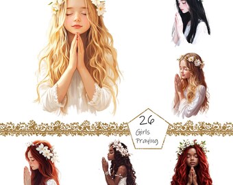 Watercolor Girls Praying Clipart, 26 PNG Religious clip art, Prayers Clipart png Bundle, Praying Clipart, Communion Clipart, Religious png