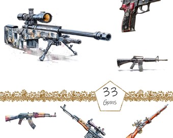 May include: A watercolour illustration of several firearms, including a sniper rifle with a scope, a handgun, and an assault rifle. The image also features a rifle with a wooden stock and the text "33 Guns".