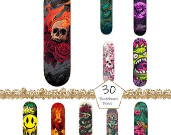 May include: A collection of ten skateboard decks with various designs. The decks feature graphics such as a skull with flames and roses, a green dragon, a purple moon with bats, a skull with flowers, a green monster, a smiley face, a phoenix, a snake with roses, a zombie hand, and tropical flowers.