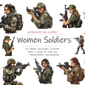 Aquarel militaire vrouwen clipart, 30 PNG leger illustraties, commercieel gebruik, militaire clipart png bundel, digitale kunst, soldaten sublimatie