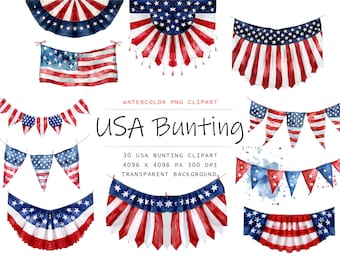 Watercolor USA Bunting Clipart, 30 PNG usa Bunting clip art, Commercial Use, USA Clipart png Bundle,usa clipart,watercolor patriotic clipart