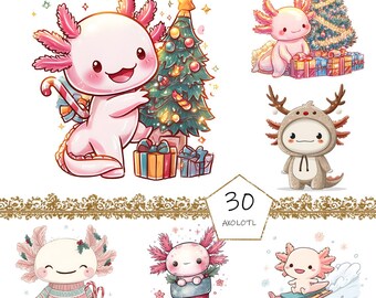 May include: A collection of Christmas-themed axolotl illustrations. The axolotls are depicted in various festive scenes, including decorating a Christmas tree, wearing a reindeer costume, and sledding. The images feature a palette of pink, green, and blue.
