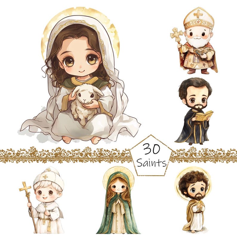 Imágenes prediseñadas de santos bíblicos en acuarela, 30 imágenes prediseñadas de santos PNG, uso comercial, paquete de imágenes prediseñadas de Jesús PNG, imágenes prediseñadas de Pascua, imágenes prediseñadas religiosas PNG imagen 1