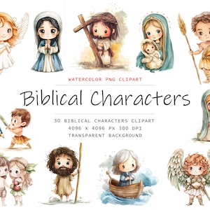 Watercolor Biblical Characters Clipart, 30 PNG bible clip art, Commercial Use, Jesus Clipart png Bundle, Easter clipart, religious clipart