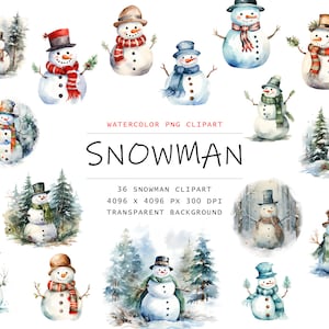 Clipart pupazzo di neve acquerello - carino pupazzo di neve di natale clip art formato PNG download immediato per uso commerciale, Clipart di Natale, Neve