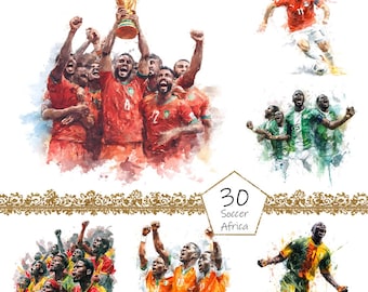 May include: Watercolor illustrations of soccer players in action and celebrating victories. The image includes a team holding a trophy, individual players, and groups of players in various team colors. Text reads "30 Soccer Africa".