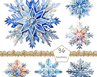 Imágenes prediseñadas de copos de nieve de acuarela, imágenes prediseñadas digitales de copos de nieve navideños, imágenes prediseñadas de invierno, decoración navideña, escarcha y hielo, gráficos de scrapbooking
