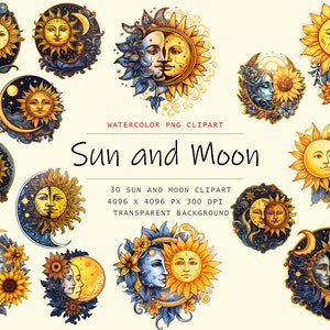 Sun and Moon Clipart, Celestial Clipart Bundle, Watercolor Sun Clip Art, Moon Clipart, Illustrations, Commercial License, Digital Download