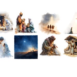 May include: Watercolor illustrations depicting scenes from the Nativity story. The images include the three wise men, the holy family, angels, and shepherds. The color palette features soft blues, browns, and golds, creating a serene and spiritual atmosphere.