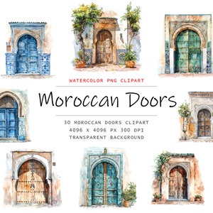 Aquarel Marokkaanse deuren clipart, 30 PNG Marokkaanse deuren illustraties, moslim clipart, islamitische clipart png bundel, digitale islamitische kunst