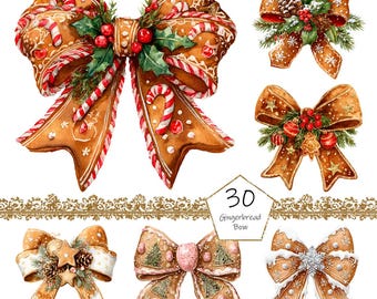 May include: Watercolor illustration of six gingerbread bows with festive holiday decorations. The bows are decorated with candy canes, holly, and berries. The text "30 Gingerbread Bow" is in the center of the image.