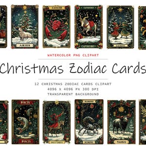 Cartes du zodiaque de Noël, 12 oeuvres d'art du zodiaque png, usage commercial, ensemble png du zodiaque, cartes du zodiaque numériques, téléchargement numérique, signes du zodiaque png thumbnail