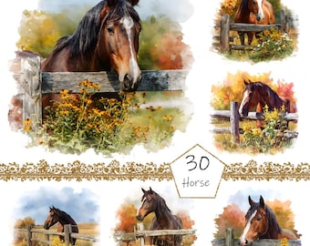 Op de afbeelding: Digitale kunst in aquarelstijl met verschillende bruine paarden achter houten hekken, omringd door gele bloemen en herfstbladeren. De afbeelding bevat de tekst "30 Horse" in een decoratief kader.