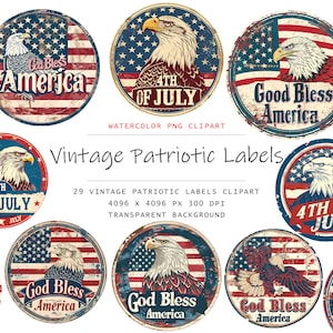 Étiquettes clipart vintage 4 juillet, 29 PNG art patriotique png, usage commercial, lot png du 4 juillet, clipart fête de l'indépendance, drapeau des États-Unis png