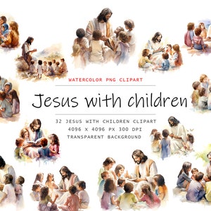 Jesús con niños Clipart PNG Acuarela Paquete Clipart Cristiano Imagen Abstracta Transparente Clipart Amoroso Sublimación Domingo Wallart