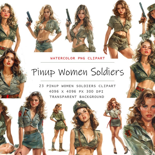 Watercolor Pin up Girls Soldiers clipart, 23 PNG Army girl clip art, Military Clipart png Bundle, Military Art, Watercolor Military Clipart