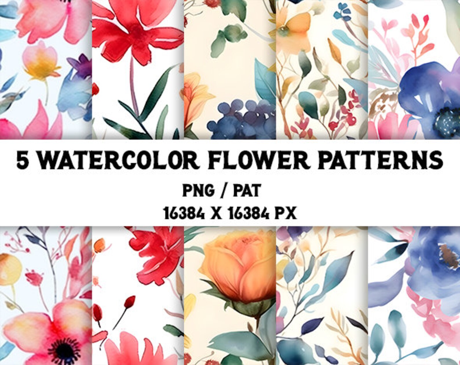 5 Hand Made Watercolor Flower Patterns Floral Background Seamless ...