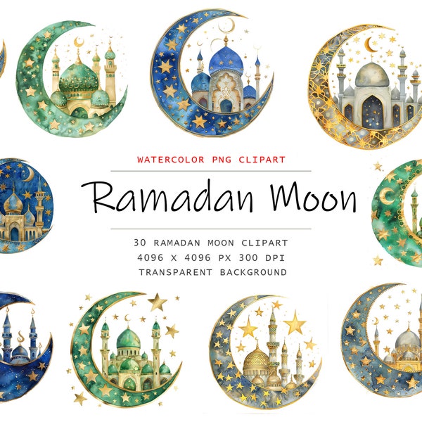 Watercolor Ramadan Moon Clipart,30 PNG Ramadan Moon clip art,Muslim clipart ,Islamic Clipart png Bundle, Digital Islamic Art,Islamic Clipart