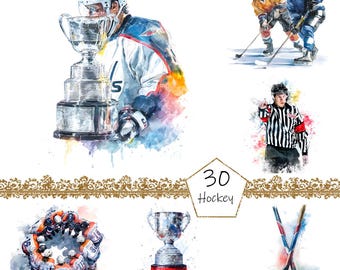 Aquarel ijshockey clipart, 30 PNG ijshockey illustraties, hockey clipart png bundel, hockeyspeler clipart, hockey illustraties, hockey png