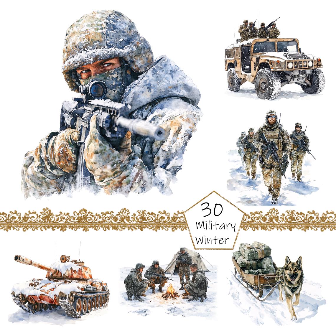 Watercolor Winter Military Clipart, 30 PNG Army clip art,  Commercial Use, Military Clipart png Bundle, Digital Military Art,Winter Army png