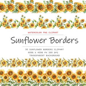 Tournesol aquarelle bordures des cliparts, 30 PNG bordures de tournesol clip art, tournesol Clipart png Bundle, tournesol numérique, sublimation de tournesol