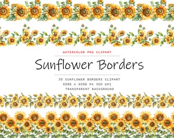 Könnte beinhalten: Ein digitaler Clipart-Satz mit 30 Aquarell-Sonnenblumen-Bordüren. Die Bordüren sind gelb und zeigen Sonnenblumen mit grünen Blättern. Die Bordüren sind 4096 x 4096 Pixel groß und haben 300 DPI. Der Hintergrund ist transparent.