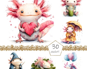Aquarel Axolotl clipart, 30 PNG Axolotl illustraties, commercieel gebruik, zee dier clipart png bundel, schattige dieren clipart, water dier clipart