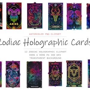 Zodiac Holographic Cards Clipart, 12 PNG Zodiac png art, Zodiac png Bundle, Digital Zodiac Cards, Digital Download, Zodiac signs, Tarot Card