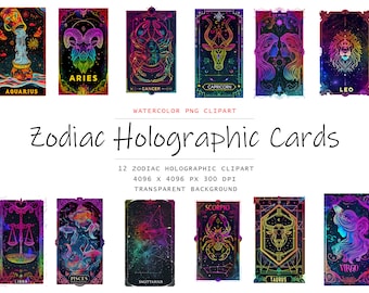 Zodiac Holographic Cards Clipart, 12 PNG Zodiac png art, Zodiac png Bundle, Digital Zodiac Cards, Digital Download, Zodiac signs, Tarot Card