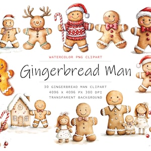 Aquarel Gingerbread Man Clipart, 30 PNG Gingerbread Man illustraties, Gingerbread Clipart png bundel, aquarel kerst clipart digitaal