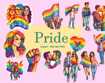 Clipart do Orgulho LGBTQ, bandeira do arco-íris em aquarela, desfile do dia do orgulho, adesivos LGBT, impressão LGBT, download digital de coração de arco-íris PNG