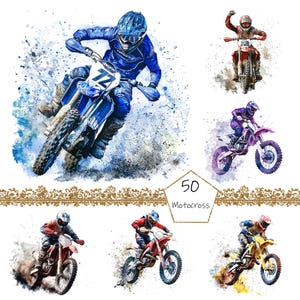 Watercolor Motocross Clipart, 50 PNG Motorcycle clip art, Commercial Use, Dirt Bike Clipart png Bundle, Off-road motorcycle clipart png