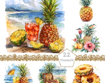 Watercolor Pineapple Clipart, 22 PNG Pineapple clip art, Commercial Use, Pineapple Clipart png Bundle, Pineapple clipart, digital download
