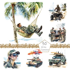 Watercolor Summer Military Clipart, 30 PNG Army clip art, Commercial Use, Military Clipart png Bundle, Digital Military Art, Summer Army png